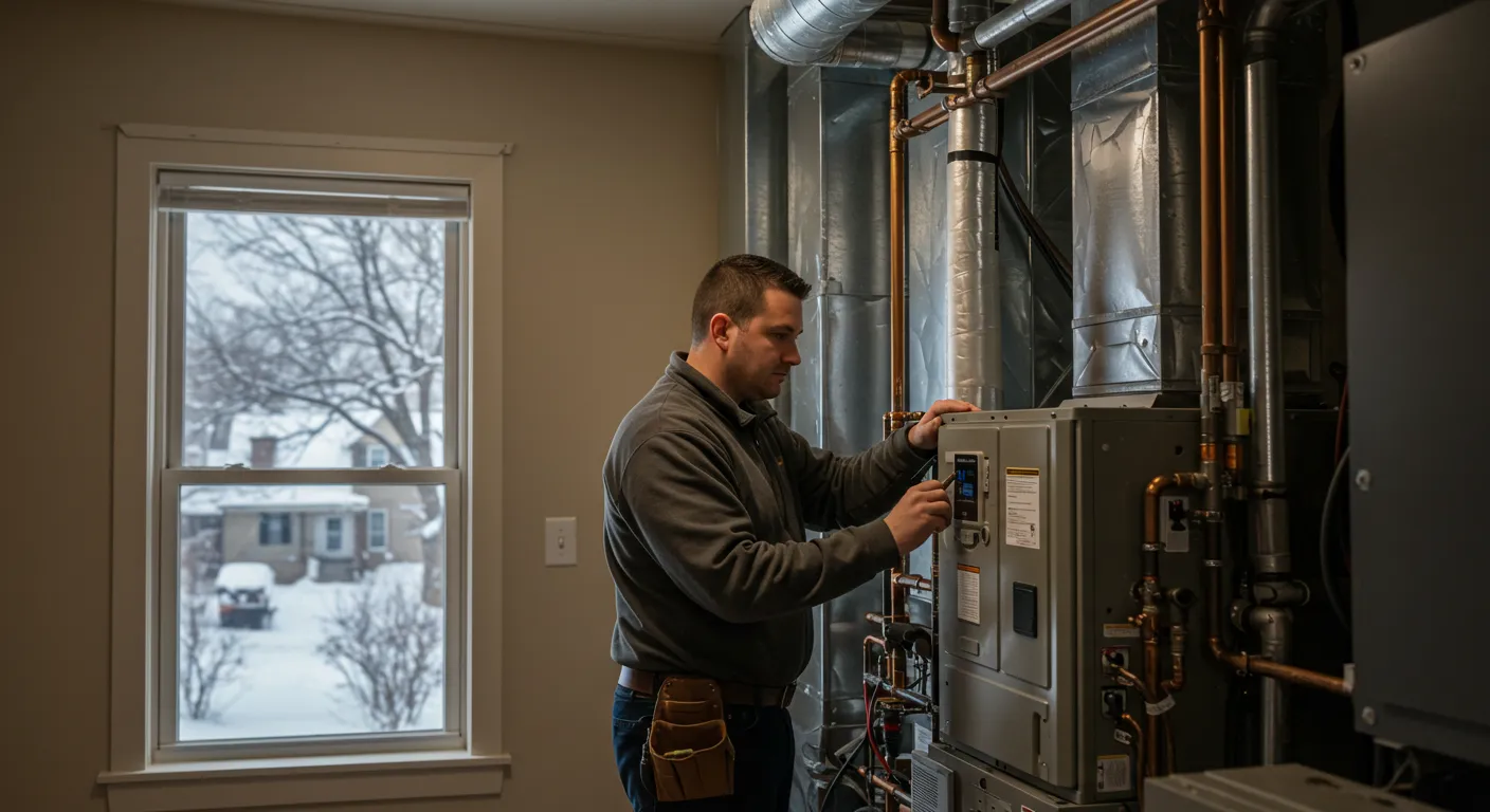 A male technician in a dark grey sweater and tool belt adjusts controls on a residential furnace unit, with a window revealing a snowy neighborhood outdoors