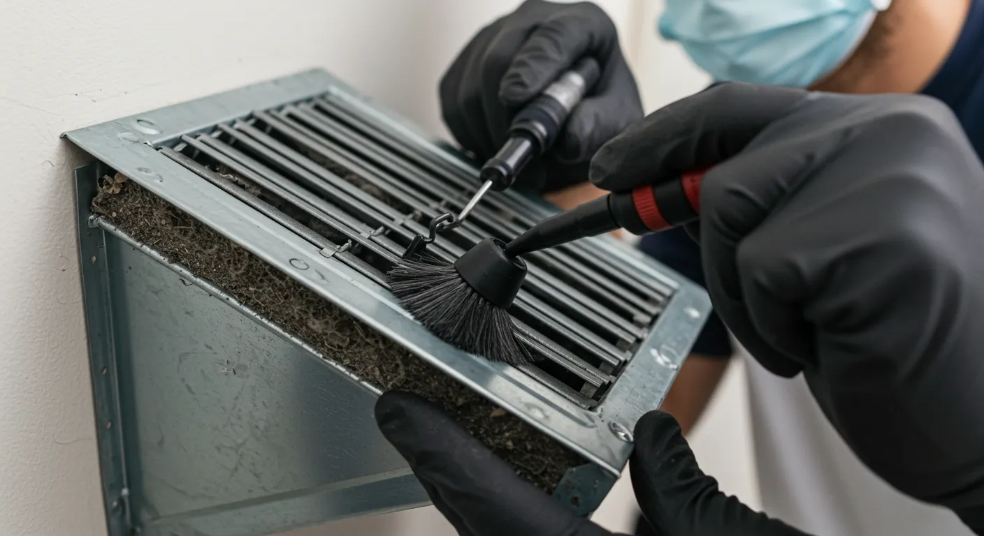 Close-up of gloved hands cleaning a dusty metal air vent with brushes.