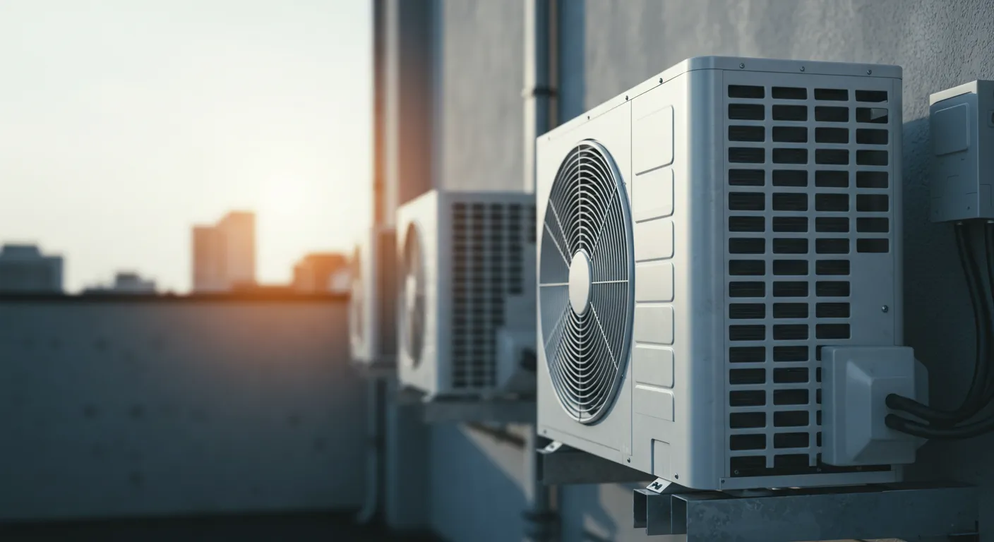 several outdoor air conditioning units mounted on the side of a building, likely on a rooftop or a high floor, with the sun setting or rising in the background, casting a warm glow. The units appear to be modern and well-maintained.