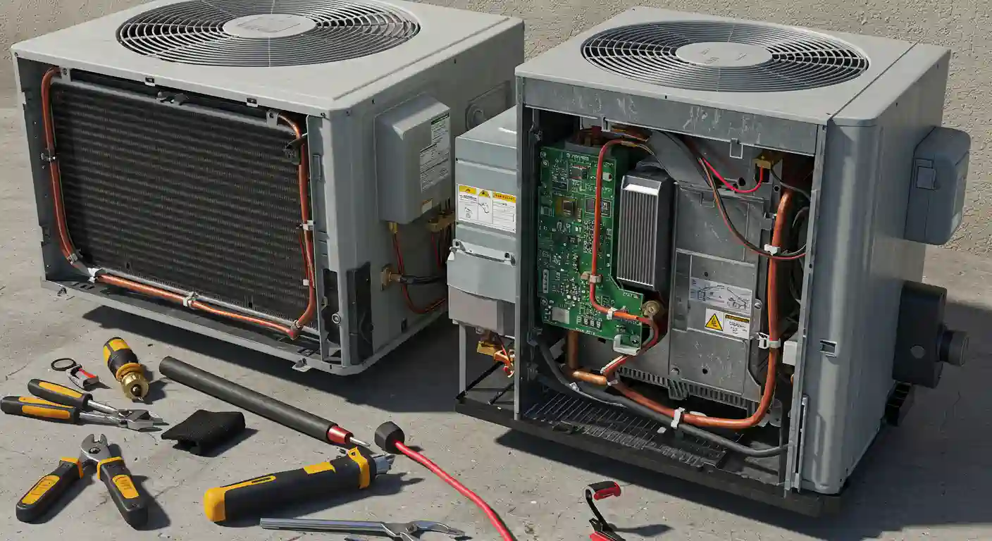 two outdoor air conditioning units on a flat surface, possibly a rooftop. The unit on the right has its side panel removed, revealing the internal components, including a green circuit board and copper piping, suggesting it is undergoing repair or maintenance.
