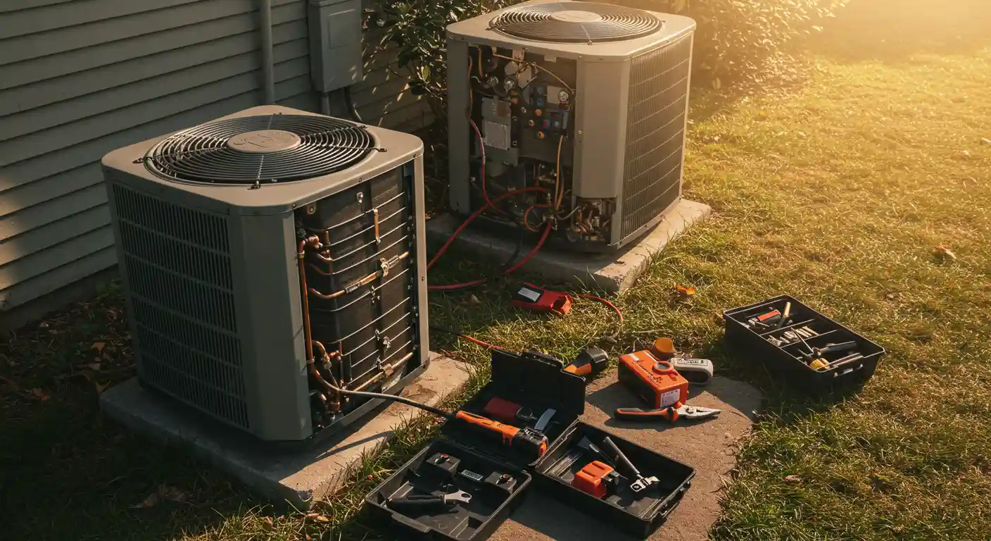 Two outdoor air conditioning units situated on concrete pads in a grassy area next to a building. The unit on the right has its side panel removed, exposing internal components and wiring, suggesting it is undergoing a tune-up or repair.