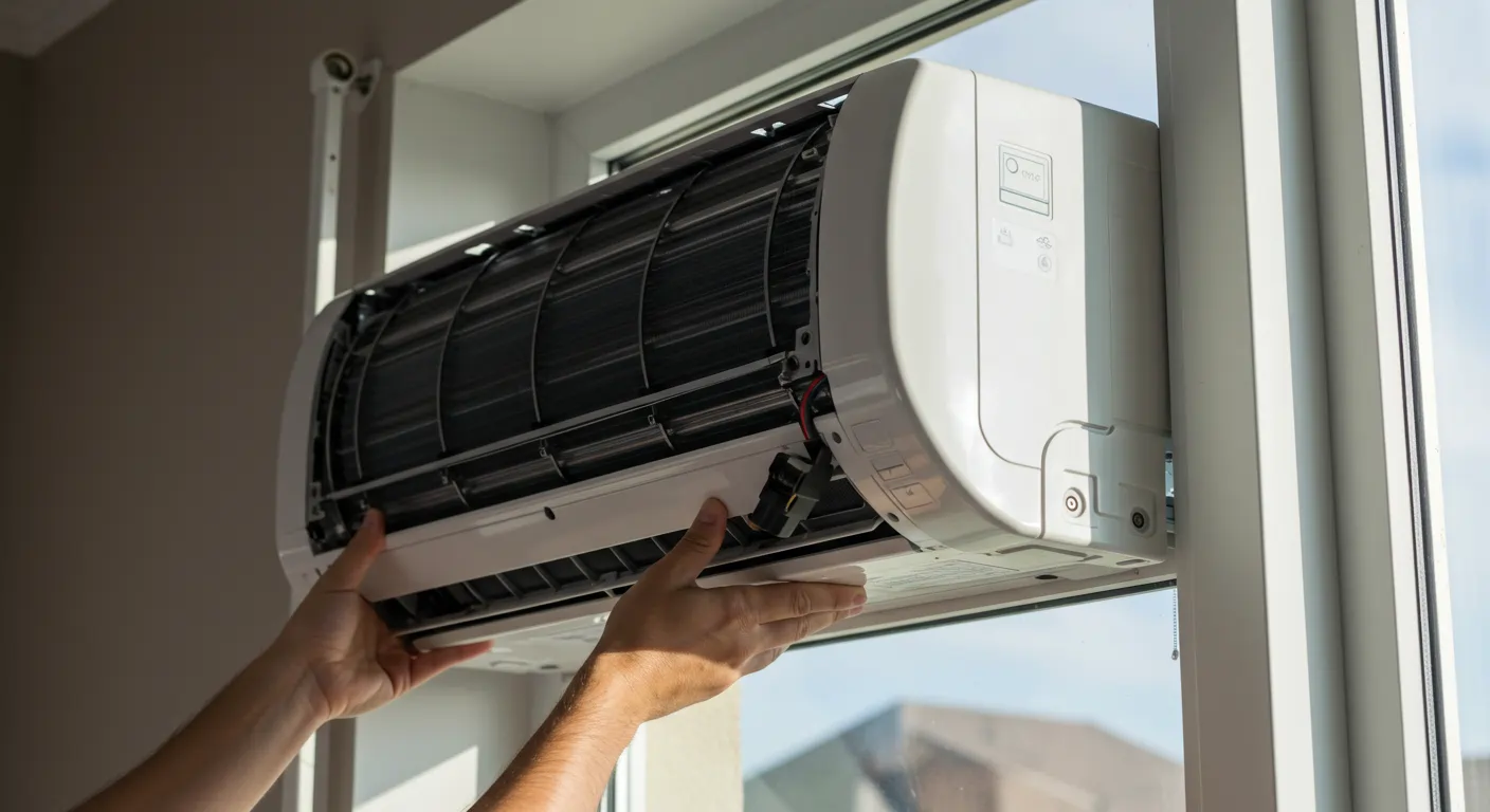 A pair of hands appearing to install or remove an indoor air conditioning unit, specifically a mini-split system, through a window frame. The white AC unit is partially in place, with its internal fins visible. The background shows a bright, possibly sunny, outdoor scene through the window.