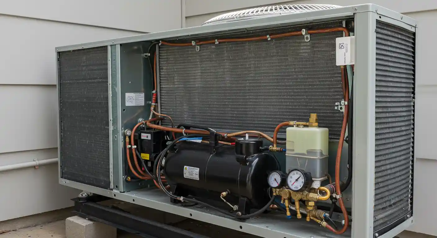 The internal components of an outdoor air conditioning unit, with the casing opened up. Inside, a fan, compressor, various pipes, wiring, and pressure gauges are visible. In front of the unit, on a concrete surface, a collection of tools typically used for AC repair and maintenance are laid out, including wire strippers, wrenches, screwdrivers, and other diagnostic equipment.