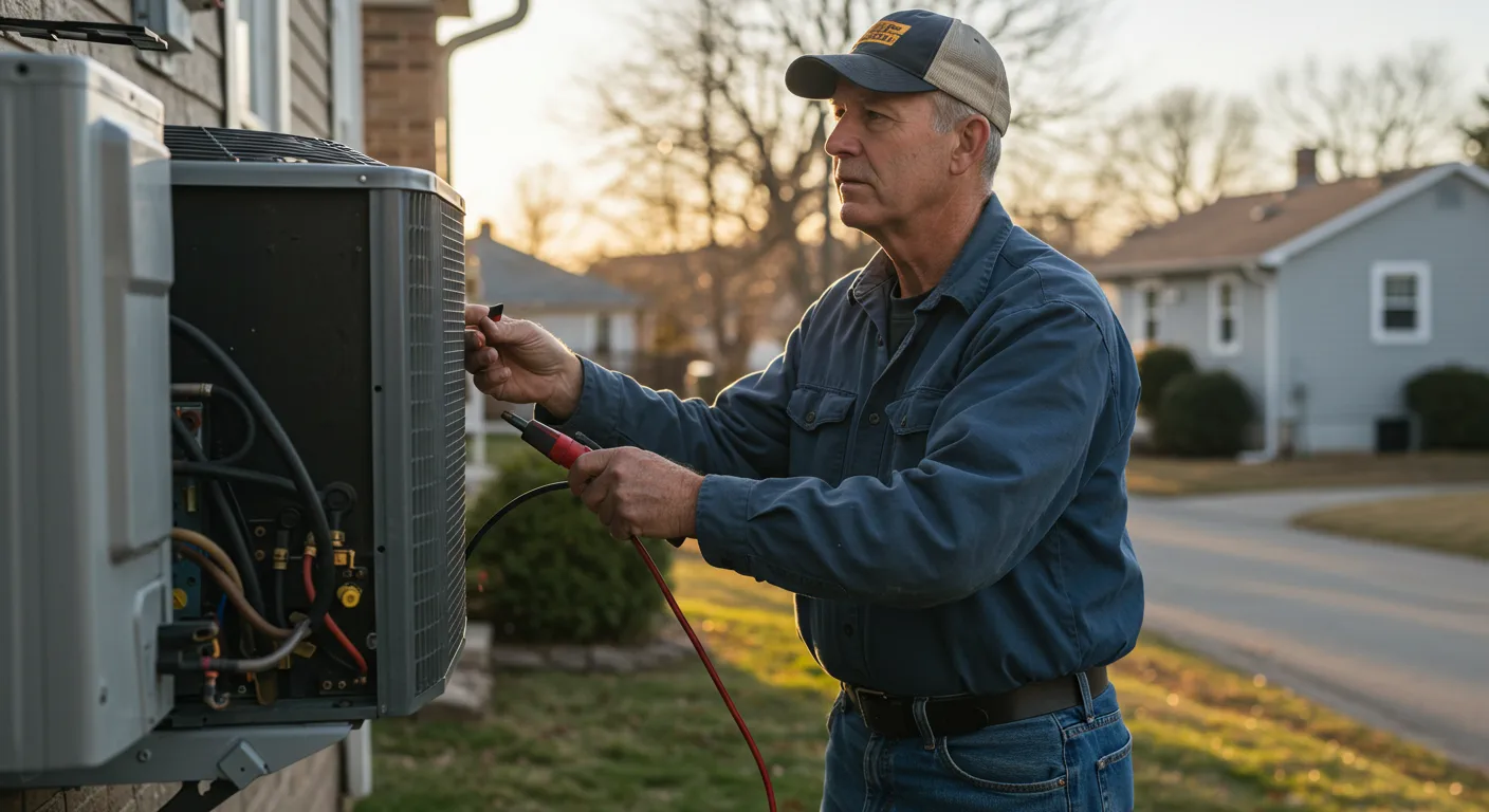 A male technician, wearing a cap, blue long-sleeved shirt, and jeans, working on an outdoor air conditioning unit. He is holding a tool with a red cord and appears focused on the internal components of the AC unit, which has its side panel open. The setting is a residential area with houses and trees visible in the blurred background, and the lighting suggests late afternoon or early evening.