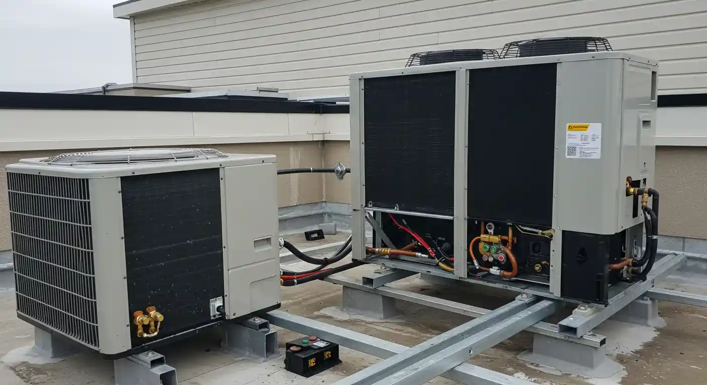 Two large outdoor air conditioning or HVAC units on a rooftop. The unit on the right has its side panels removed, revealing complex internal components including copper piping, wiring, and what appears to be a compressor or heat exchanger. This unit is mounted on a metal frame structure. 