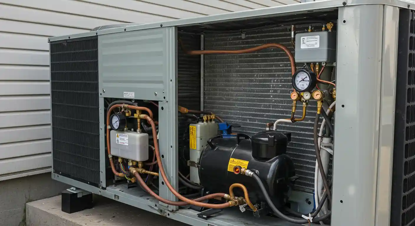 A large outdoor air conditioning or HVAC unit with its side panel removed, exposing the intricate internal components. Visible elements include a large black compressor, copper tubing and pipes, a heat exchanger coil, a fan, and several gauges for monitoring pressure.