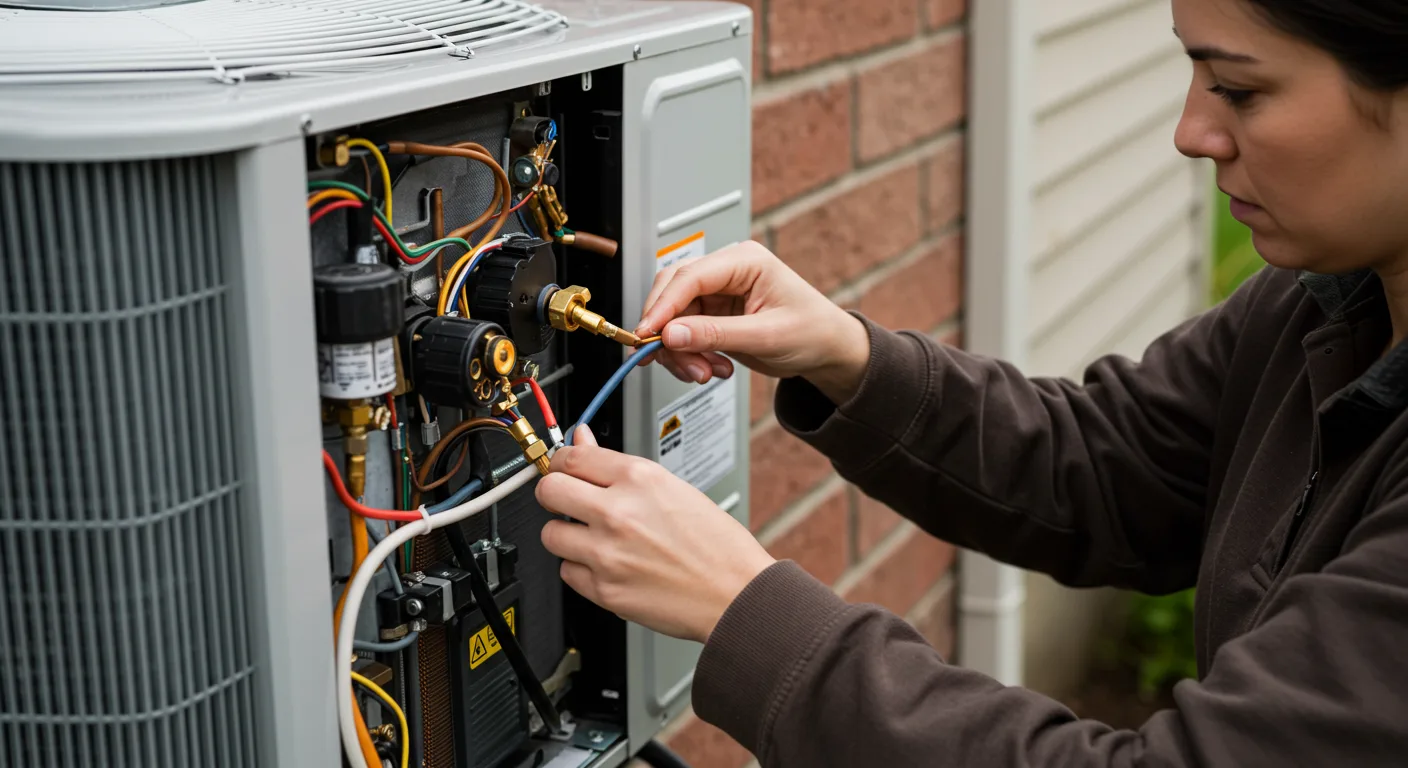 A focused woman, wearing a brown long-sleeved top, is intently working on the electrical components of an outdoor air conditioning unit. Her hands are engaged in connecting a blue wire to a brass fitting on the open side of the unit, revealing various wires, pipes, and electrical parts within. In the blurred background, a red brick wall is visible.