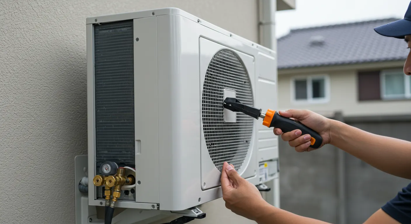 A technician, wearing a baseball cap, working on an outdoor air conditioning unit mounted on the side of a building. The technician is holding a tool with an orange and black handle, appearing to be engaged in the repair or maintenance of the unit, possibly cleaning its fan or coils.