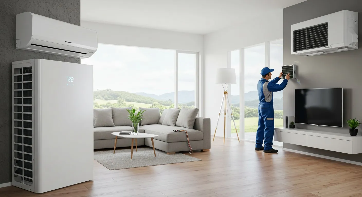 A technician installs an indoor Heating unit.