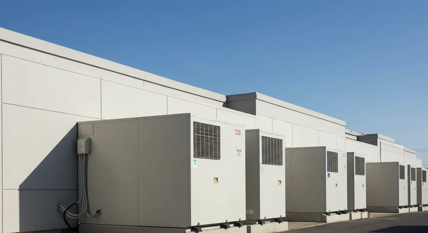 A row of large, commercial-grade air conditioning or HVAC units lined up along the exterior wall of a modern building. The units are uniformly light-colored and positioned under a clear, bright blue sky. This setup suggests a large facility, possibly a data center, office building, or industrial complex, requiring significant climate control.