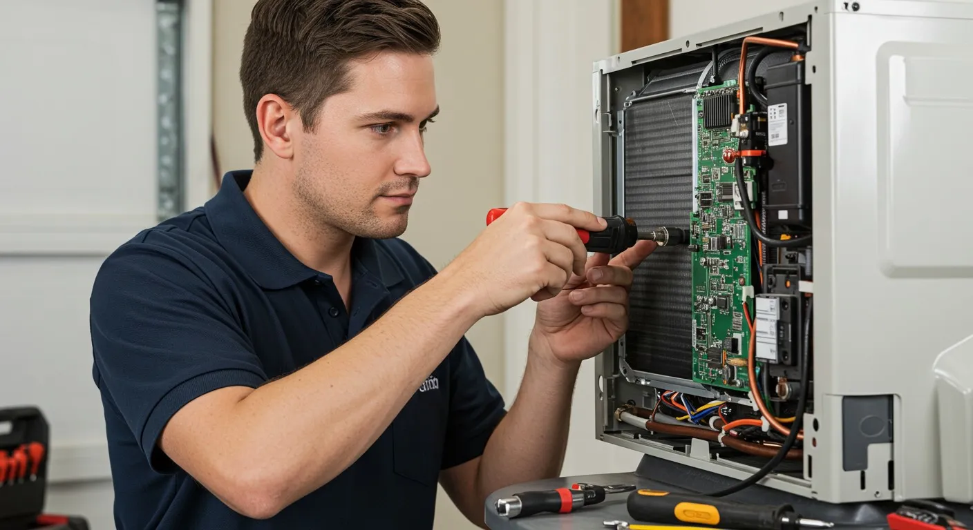 A technician repairs a large HVAC unit.