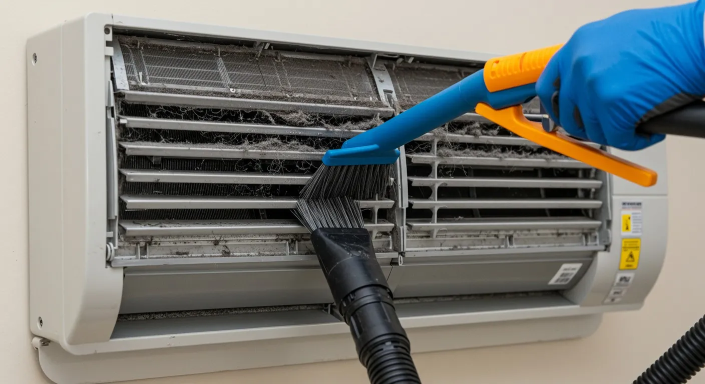 A gloved hand is holding a blue and orange tool, appearing to spray liquid, while another black brush attachment is used to clean the extremely dirty and dusty grates of an AC unit.