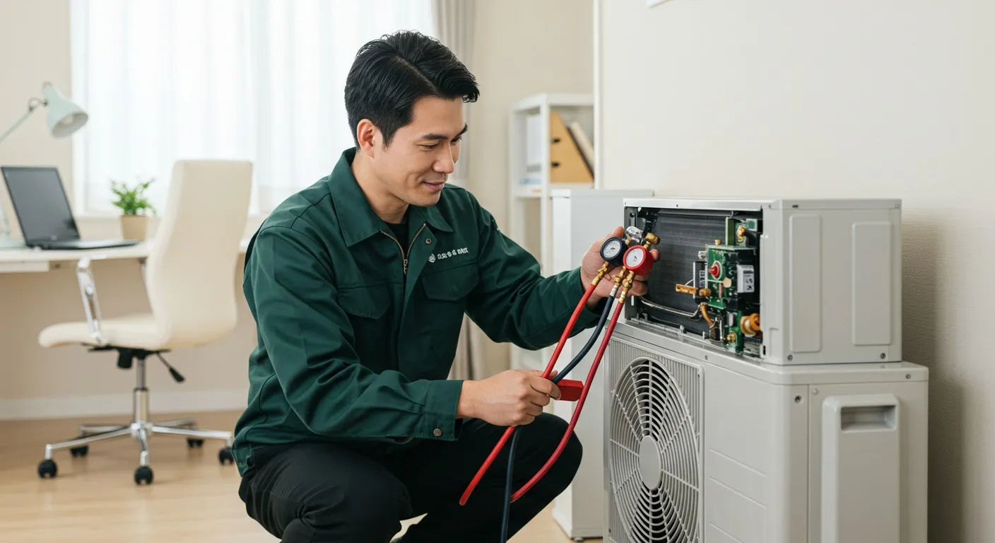 A technician services an indoor AC unit.