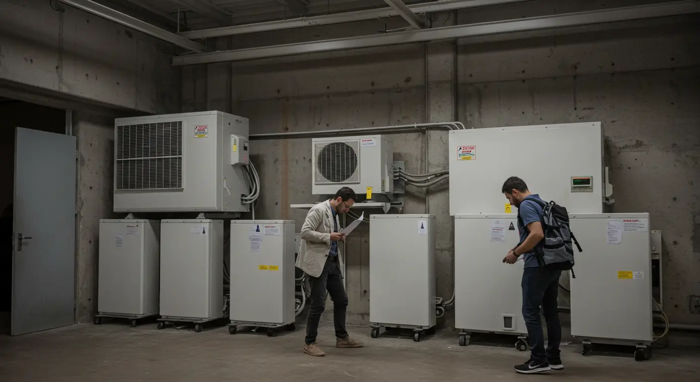Two men in what appears to be a mechanical room or an industrial space, surrounded by large, white air conditioning or HVAC units. The units are arranged along a concrete wall, with some mounted higher up and others standing on the floor, possibly on wheels. 