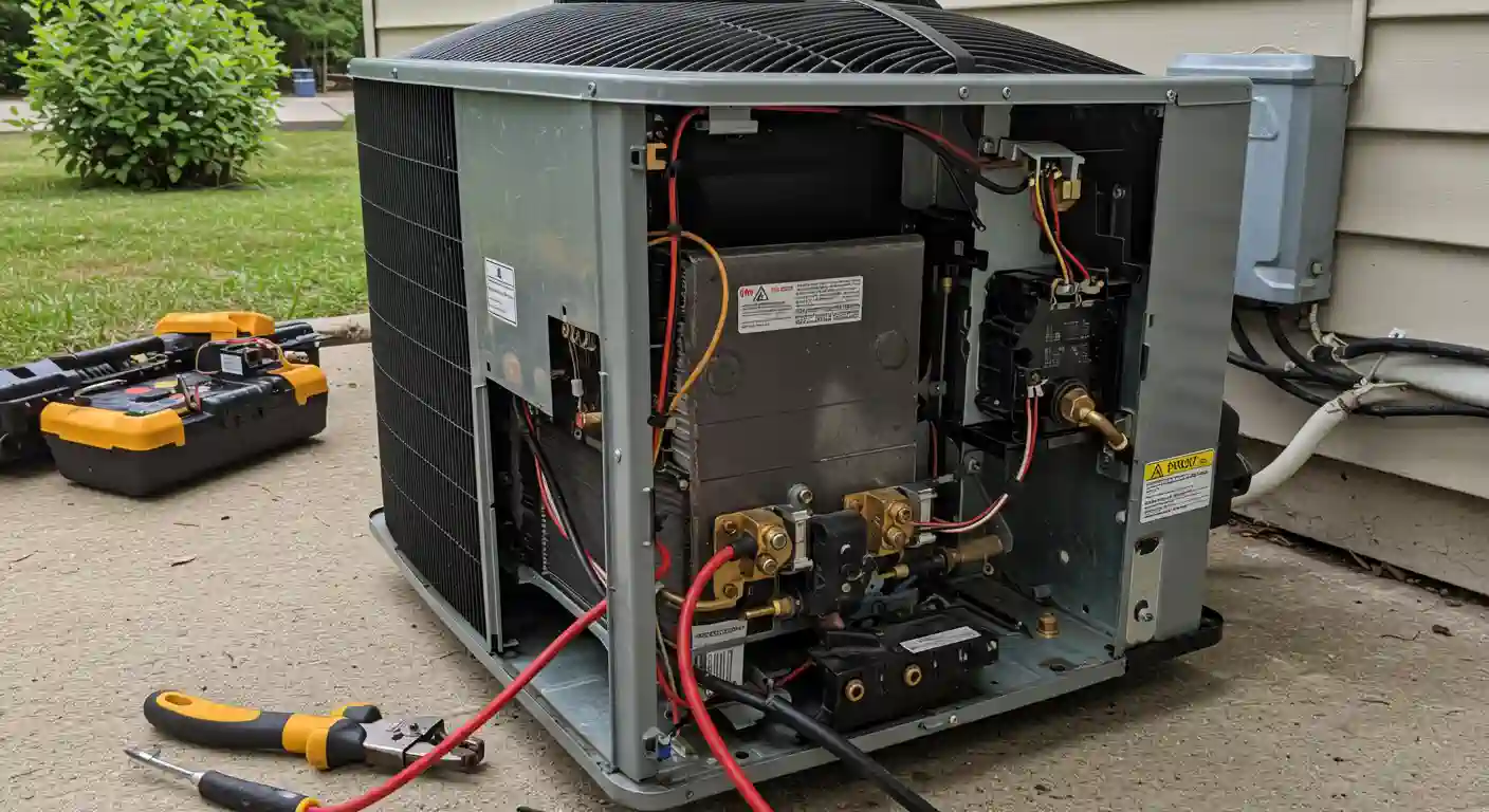 A partially disassembled outdoor air conditioning unit with its side panel removed, revealing the internal components such as wires, copper pipes, and electrical boxes. The unit is grey with a black fan grille on top. A yellow and black toolbox and a screwdriver are on the concrete patio next to the unit. In the background, green grass and a light-colored house siding are visible.
