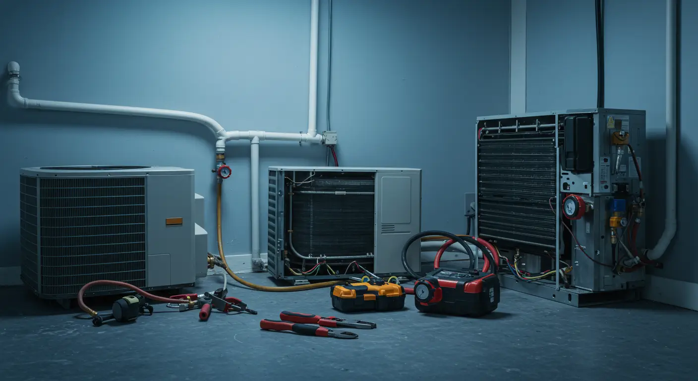 An indoor space, likely a utility room or basement, with three air conditioning or HVAC units of varying sizes. The lighting is somewhat dim, casting a cool blue tint. Two of the units have their side panels open, revealing internal components such as cooling coils and wiring, suggesting they are either undergoing repair or replacement