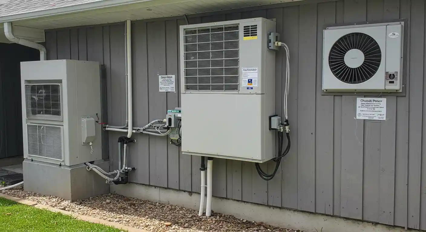 Three different outdoor air conditioning or HVAC units installed on the exterior of a building with grey siding. Various pipes, electrical conduits, and connection points are visible, indicating the complexity of the HVAC system setup.