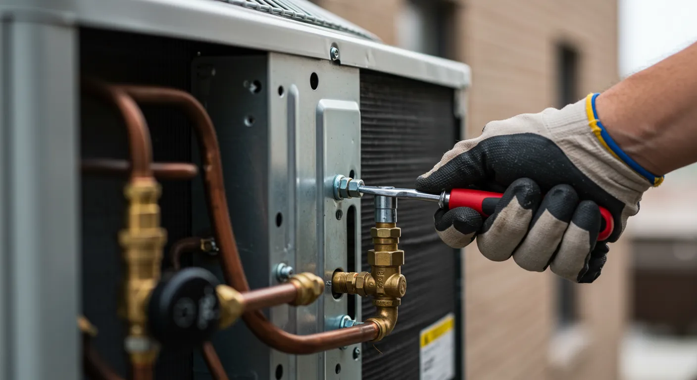 A close-up shot shows a gloved hand, wearing a beige, black, and blue work glove, using a wrench with a red handle to tighten a bolt on the side of an air conditioning unit. Copper pipes and various fittings are visible on the unit's exterior. The background is blurred, showing a light brown wall.