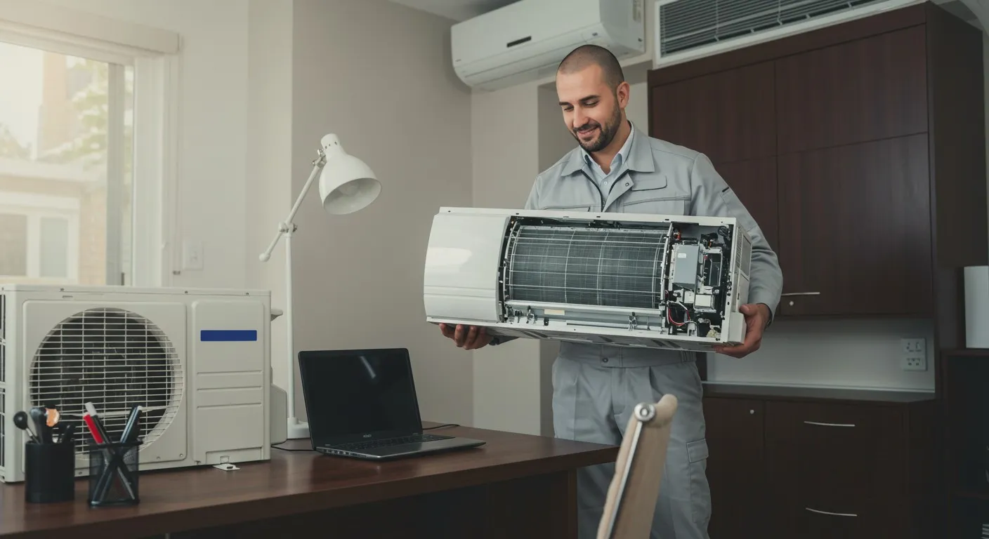 A technician holds a mini-split AC.