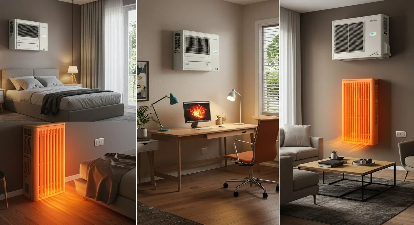 Multi-panel: heating and cooling units indoors.
