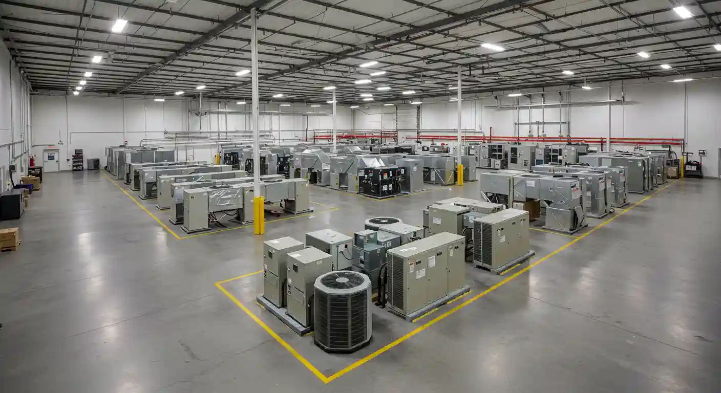 A spacious, brightly lit warehouse or factory floor is filled with numerous large, grey air conditioning units and other HVAC equipment, neatly arranged in rows with yellow guiding lines on the polished concrete floor. The units vary in size and configuration, including outdoor condenser units with circular fans and indoor air handler units.