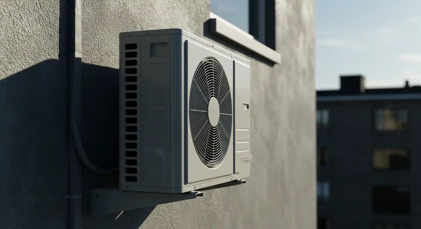A white outdoor air conditioning unit is mounted on the side of a light grey stucco building. The unit features a prominent circular fan grille on its front. Above the AC unit, a window with a grey sill is visible. In the background, other buildings can be seen, and the sky is bright, suggesting daylight.