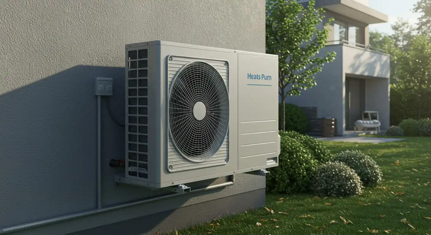 A modern, gray rectangular heat pump with a large circular fan is mounted on the gray exterior wall of a building.