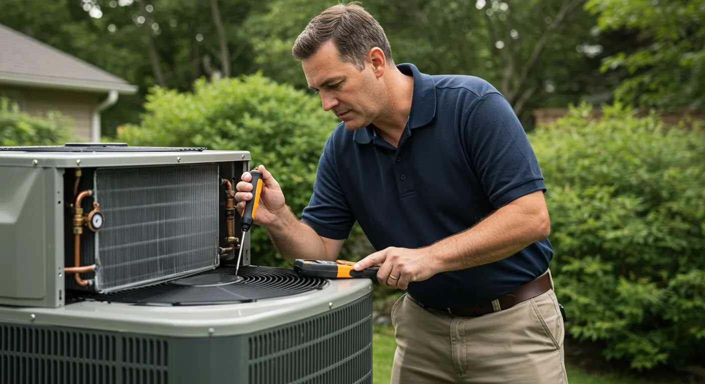 A technician in a navy blue polo shirt and khaki pants is bending over an outdoor heat pump, inspecting its internal components with a screwdriver and a diagnostic tool.