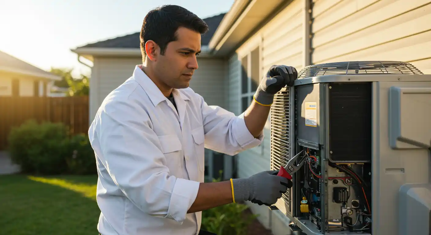 A male technician, wearing a white long-sleeved shirt and grey work gloves, is focused on repairing or maintaining an outdoor air conditioning unit. He is using a pair of pliers to work on the internal wiring and components of the open unit. The setting appears to be a residential backyard with a house in the background under warm, golden hour sunlight.