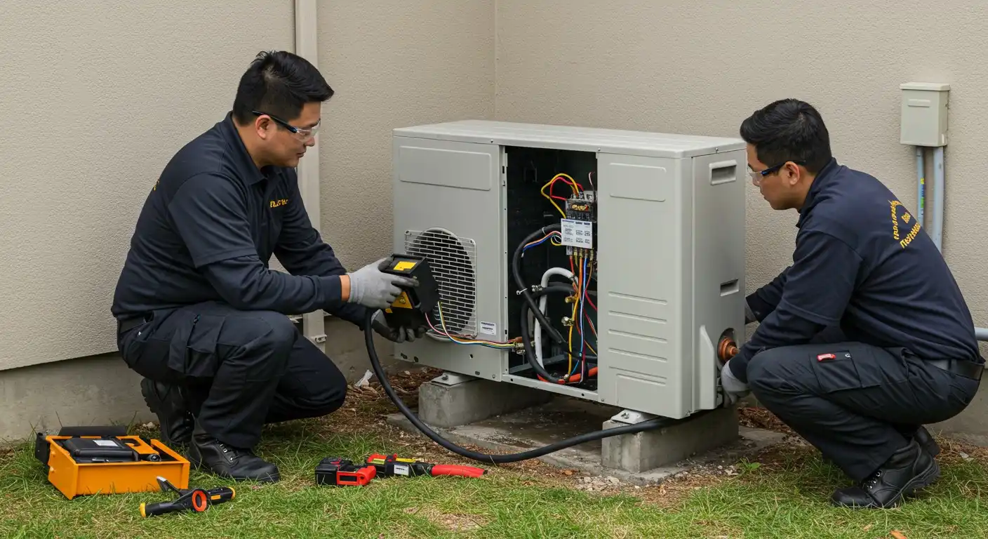 Two technicians install an outdoor AC unit.