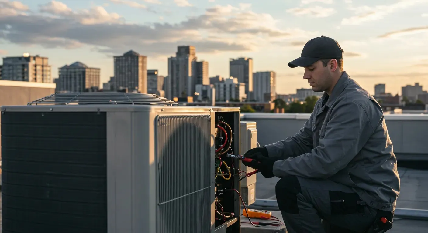 Technician in cap and gloves servicing rooftop HVAC unit with city skyline in background