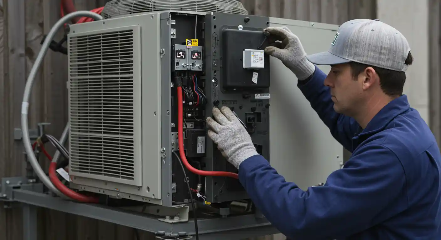 A male technician, wearing a grey baseball cap, a dark blue long-sleeved shirt, and light grey work gloves, is focused on performing maintenance on an industrial air conditioning unit. He is working with both hands on the internal components of the open unit, which has exposed wiring, a circuit board, and other technical elements.