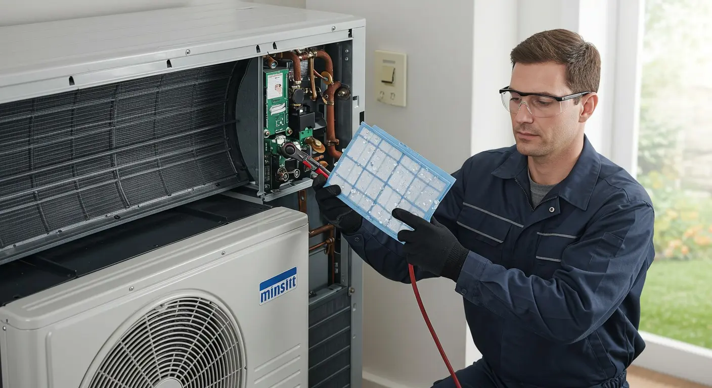 A technician maintains an outdoor mini-split.