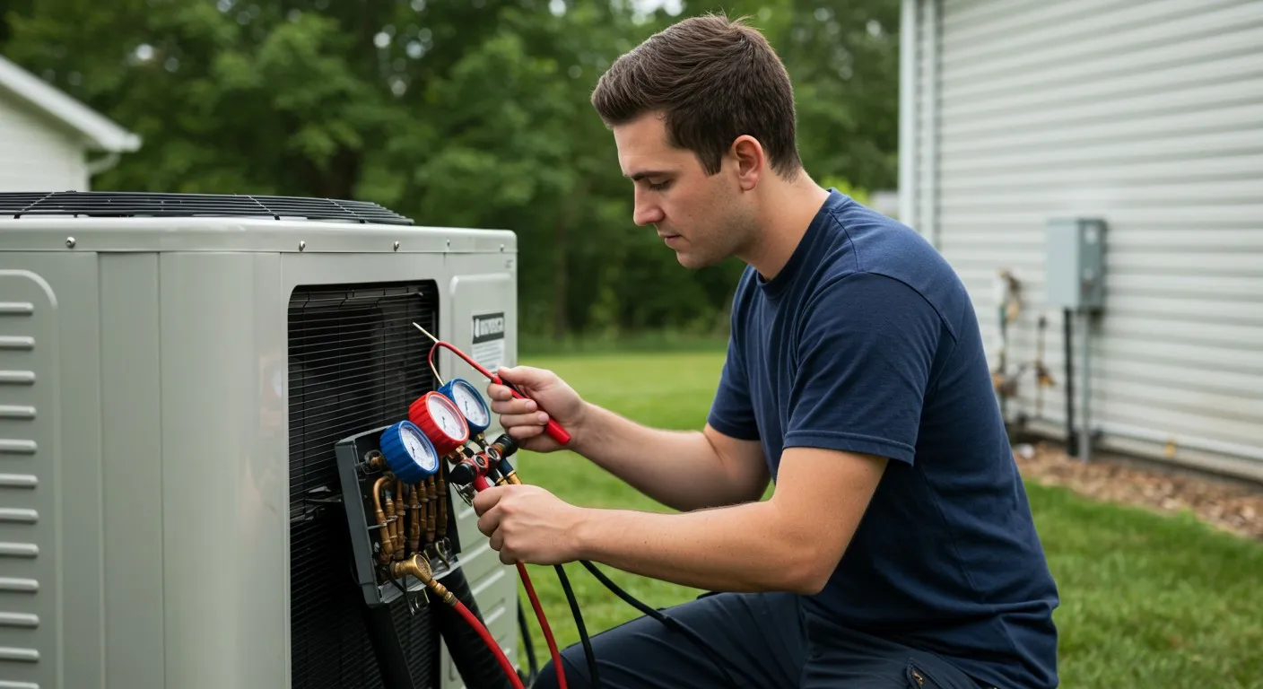 A young male technician in a dark blue shirt and pants is kneeling on a grassy lawn, meticulously connecting gauges and hoses to an outdoor heat pump unit.