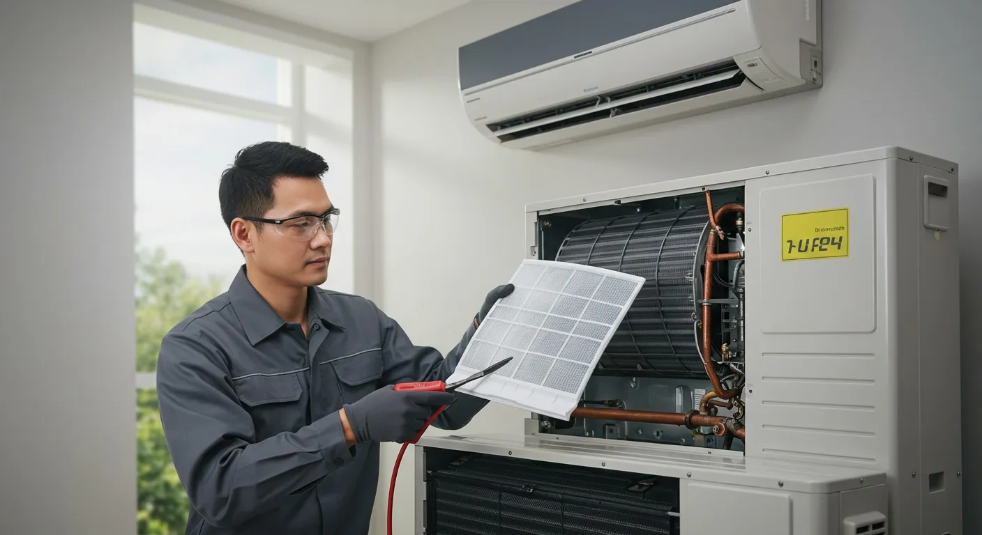 A technician cleans a mini-split filter.