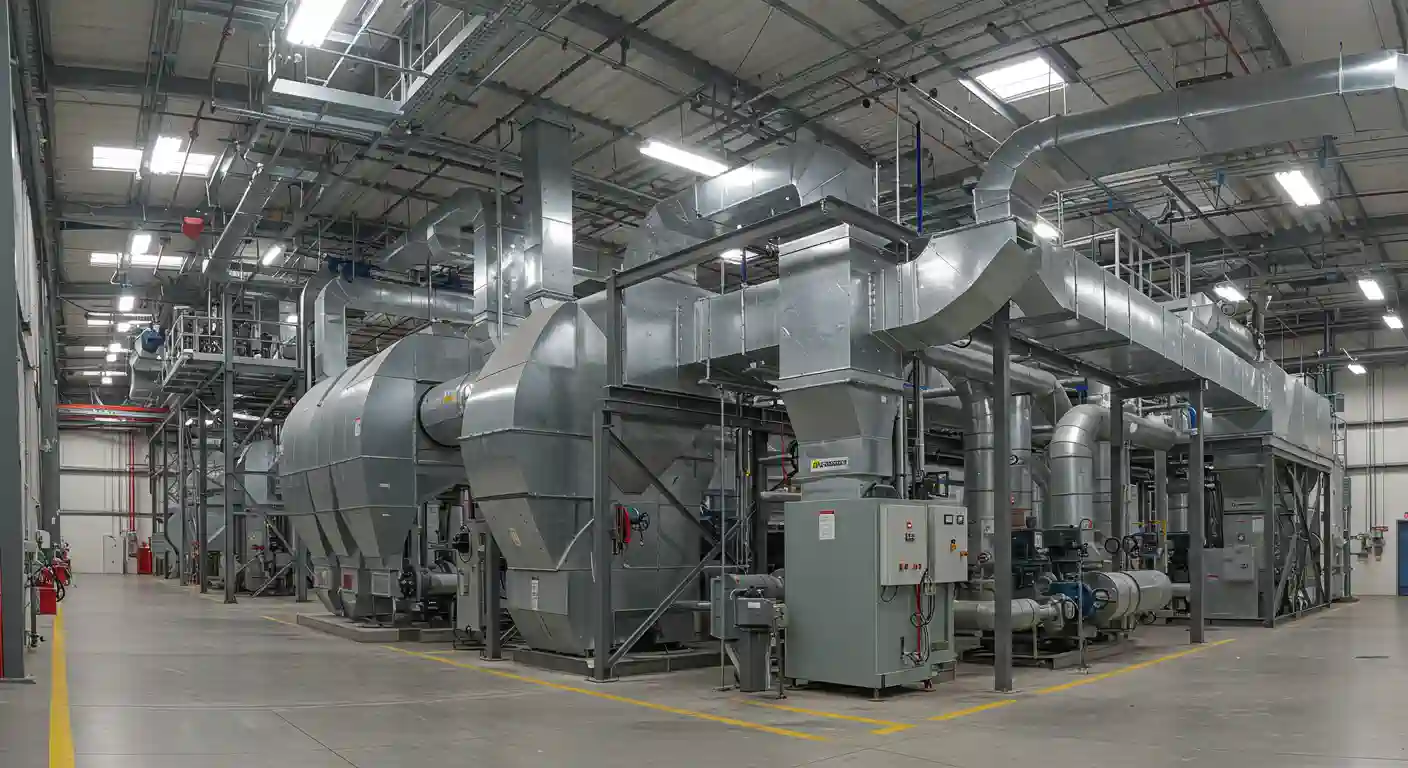 A vast industrial facility houses multiple large, grey air handling units or HVAC systems, interconnected by extensive silver ductwork and pipes that stretch across the high-ceilinged space. The factory floor has yellow lines marking pathways, and overhead lighting illuminates the machinery.