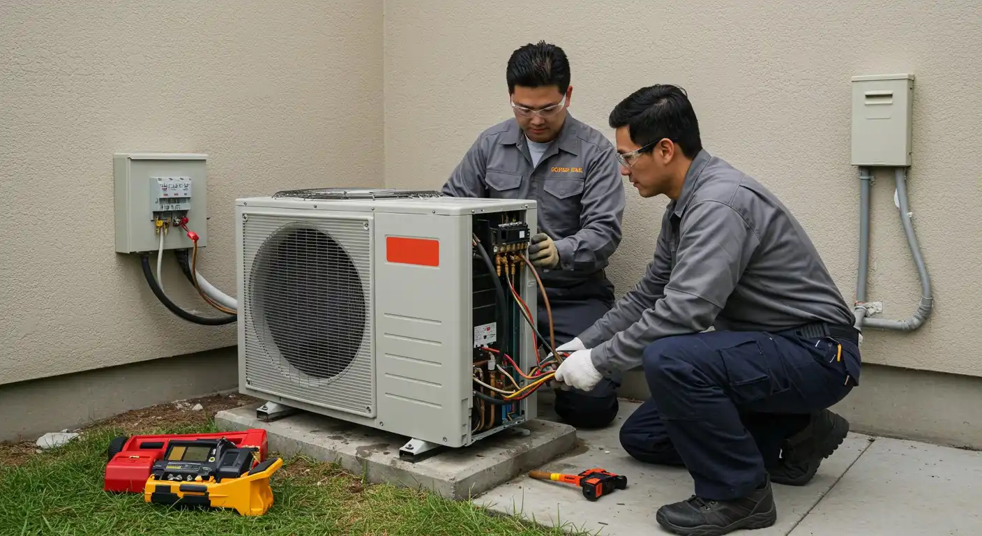 technicians install an outdoor HVAC unit.