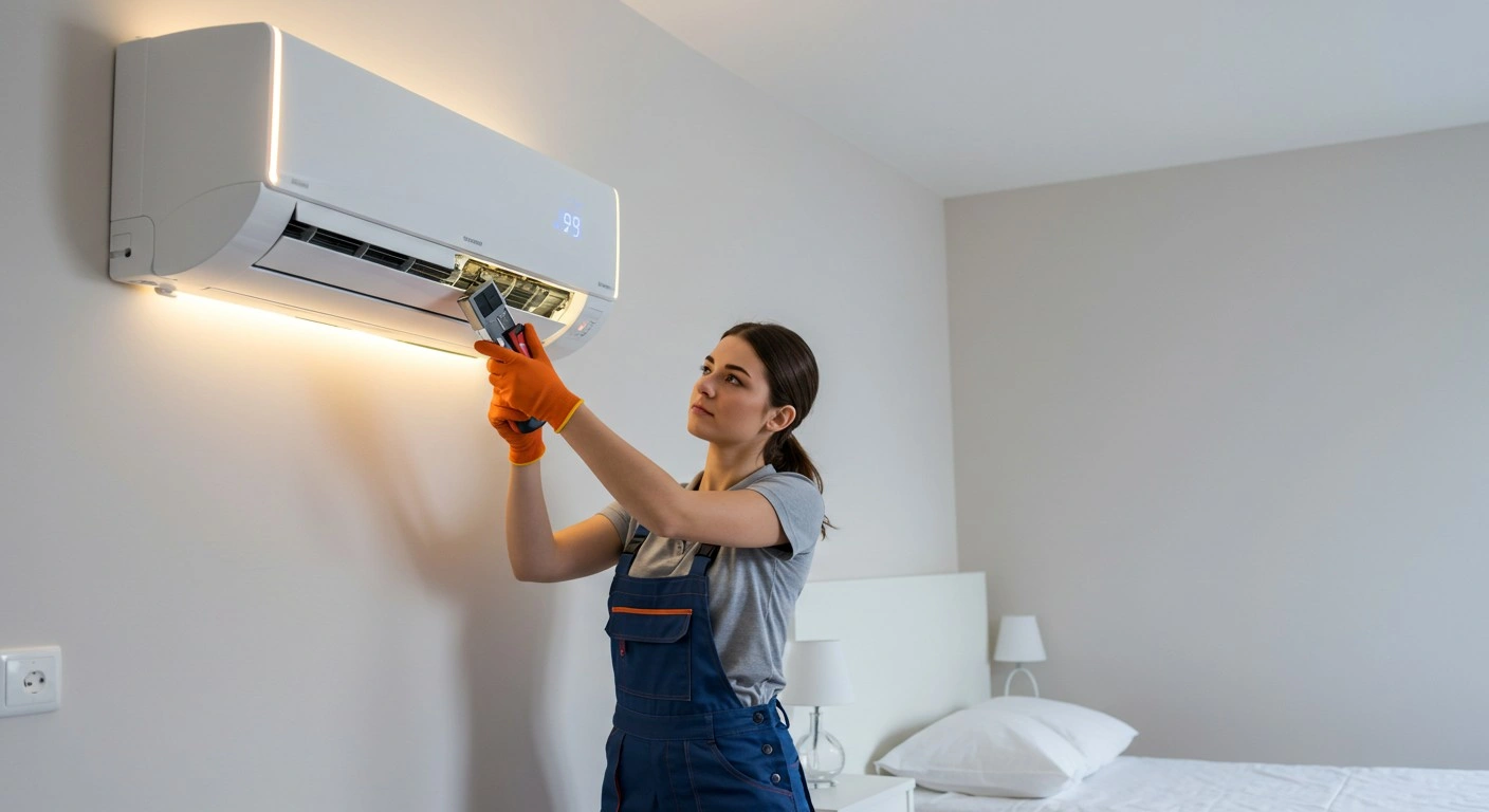 A woman services a wall AC unit.