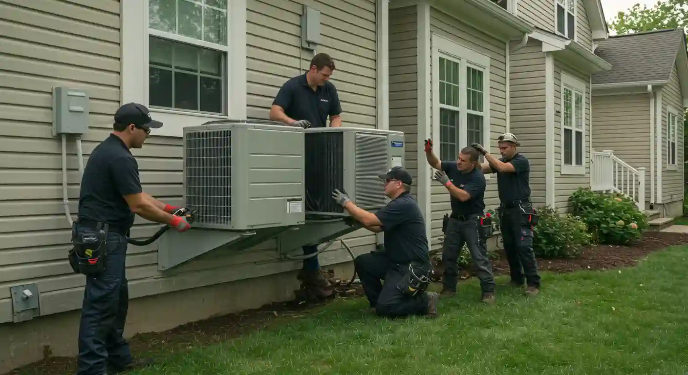 Four male technicians are collaboratively installing a large outdoor air conditioning unit against the beige siding of a house. One technician is on the left, holding hoses connected to the unit. Another is crouched at the base of the unit, while a third is on top, and a fourth is assisting from the right side.