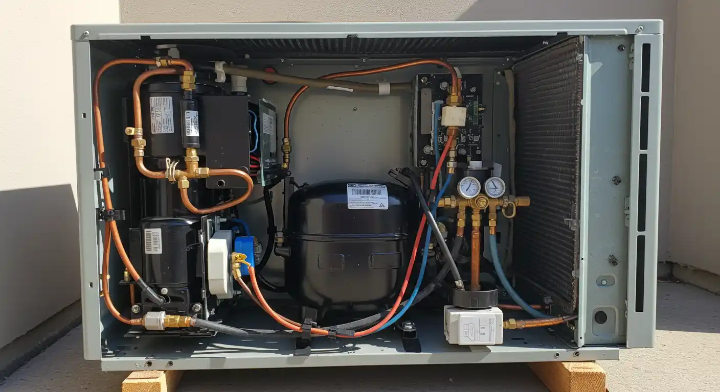 A detailed, exposed view of the internal components of a large grey outdoor air conditioning unit. The front panel has been removed, revealing a complex arrangement of copper pipes, a black compressor, two black cylindrical components, a circuit board with various wires, and a set of pressure gauges connected to brass fittings.