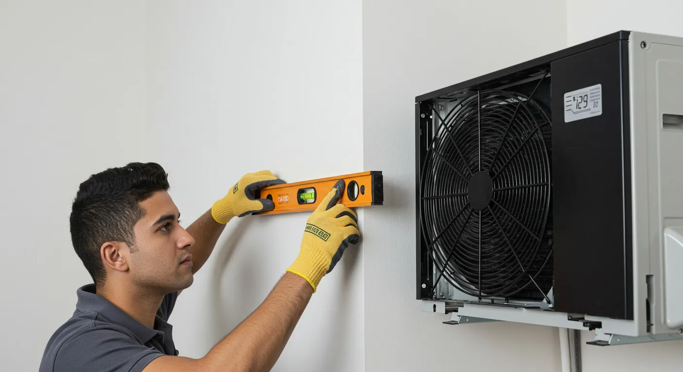 A technician levels a mini-split AC.