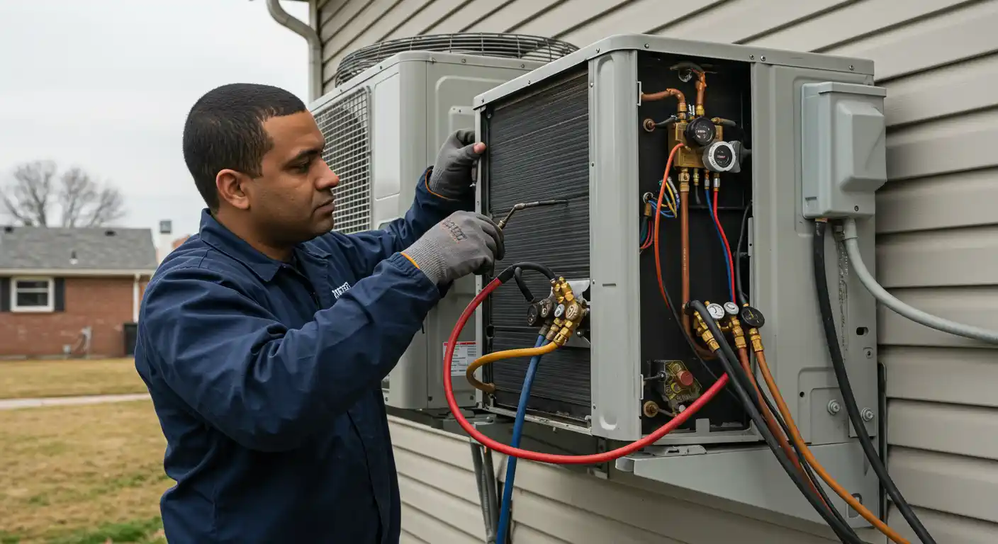 A male technician, wearing a dark blue work uniform and grey gloves, is attentively working on an outdoor air conditioning unit. He is using tools to adjust components within the open side of the unit, which exposes black fins, copper pipes, and a manifold gauge set with red and yellow hoses connected.