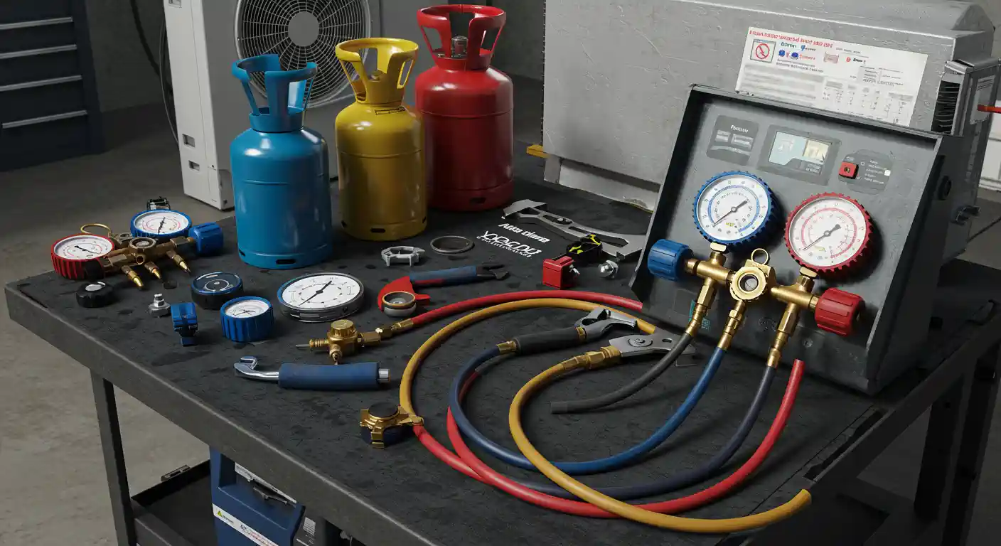 Alt text for images: A male technician, wearing a light grey work shirt and black gloves, is diligently working on a complex industrial air conditioning unit. He is focused on connecting red and black hoses to various gauges and valves on the unit's control panel, which is filled with pipes and wiring. 