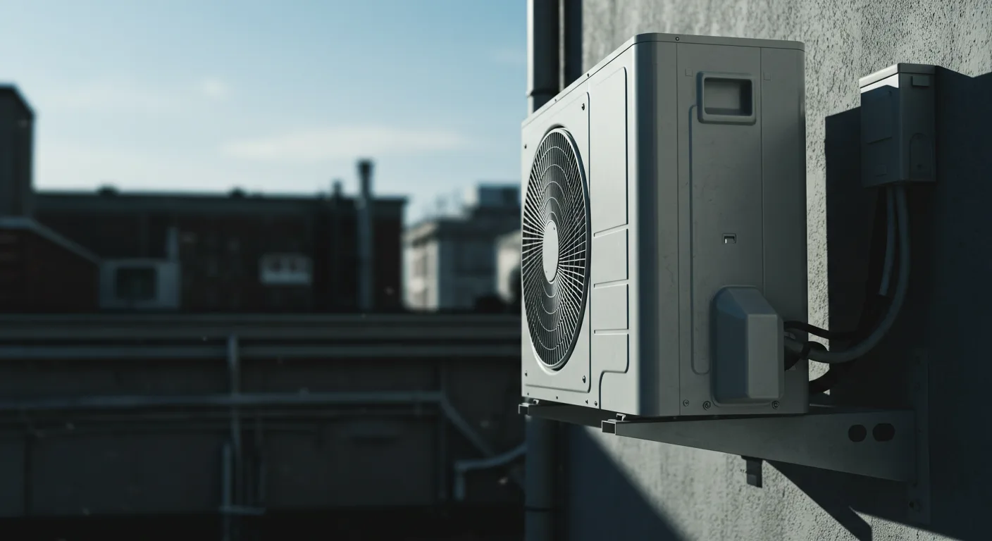 An outdoor air conditioning unit, light grey in color with a prominent circular fan grille, is mounted on the side of a building. Several conduits and wires are connected to the unit and run along the wall. In the blurred background, other buildings and structures are visible under a clear sky.