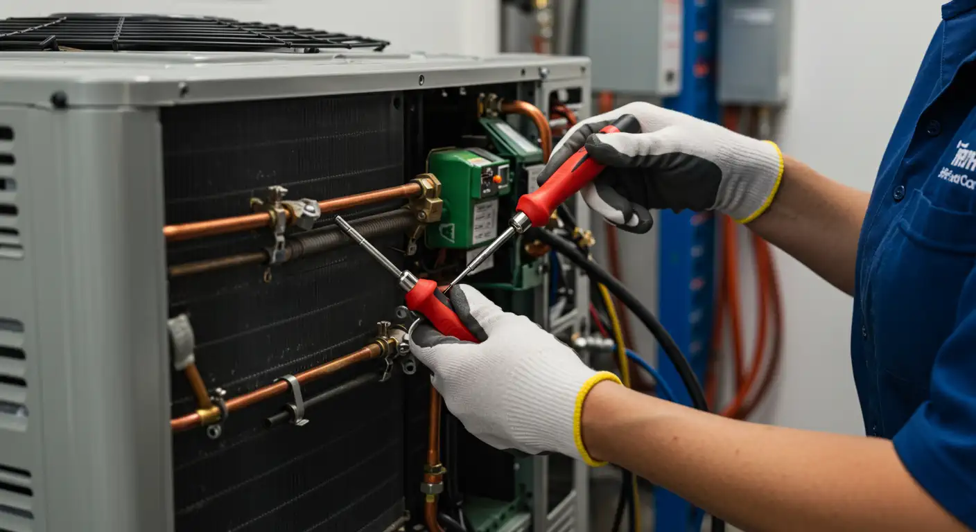 A close-up shot shows a person wearing white and grey work gloves, using two screwdrivers with red handles to work on the internal components of an air conditioning unit. Copper pipes, coils, and electrical wiring are visible inside the opened unit. The person is wearing a blue shirt with a logo partially visible on the right side of the image.