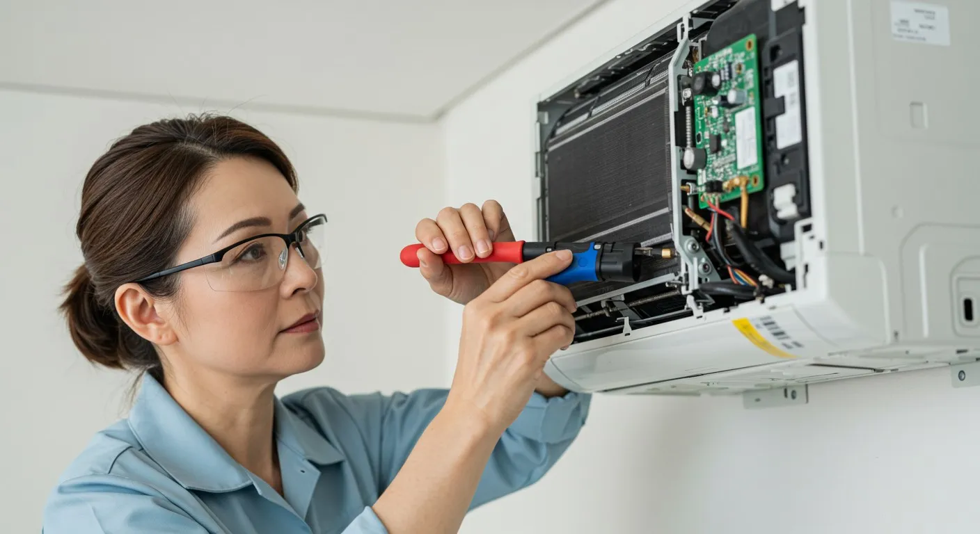 A woman repairs an outdoor mini-split.