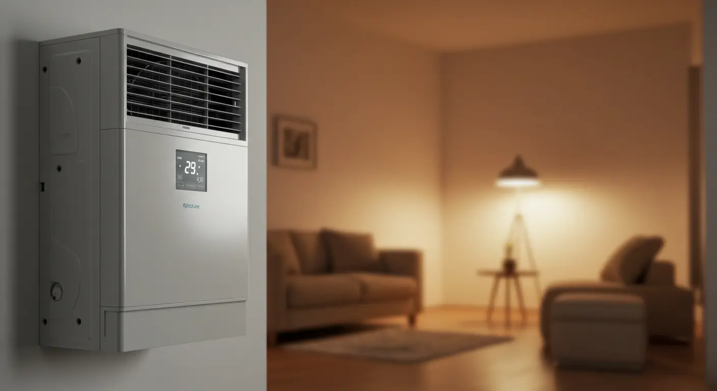 A white wall unit next to a blurred living room.