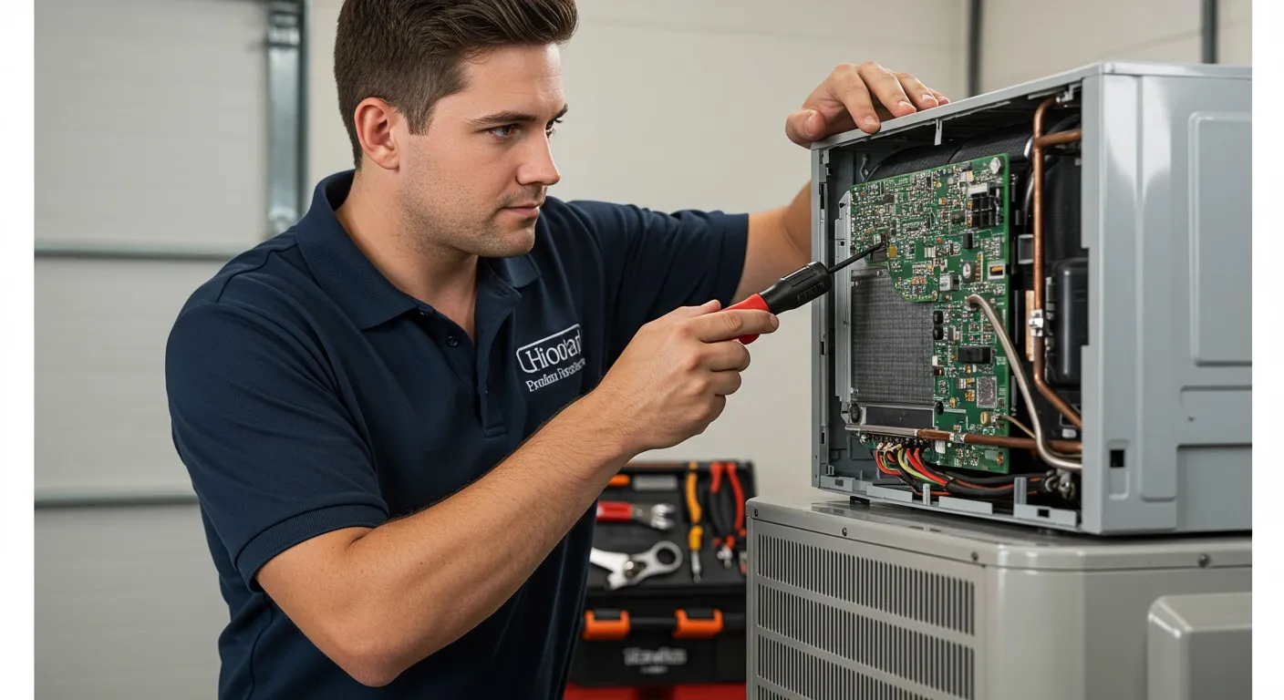 A technician repairs a mini-split AC system.
