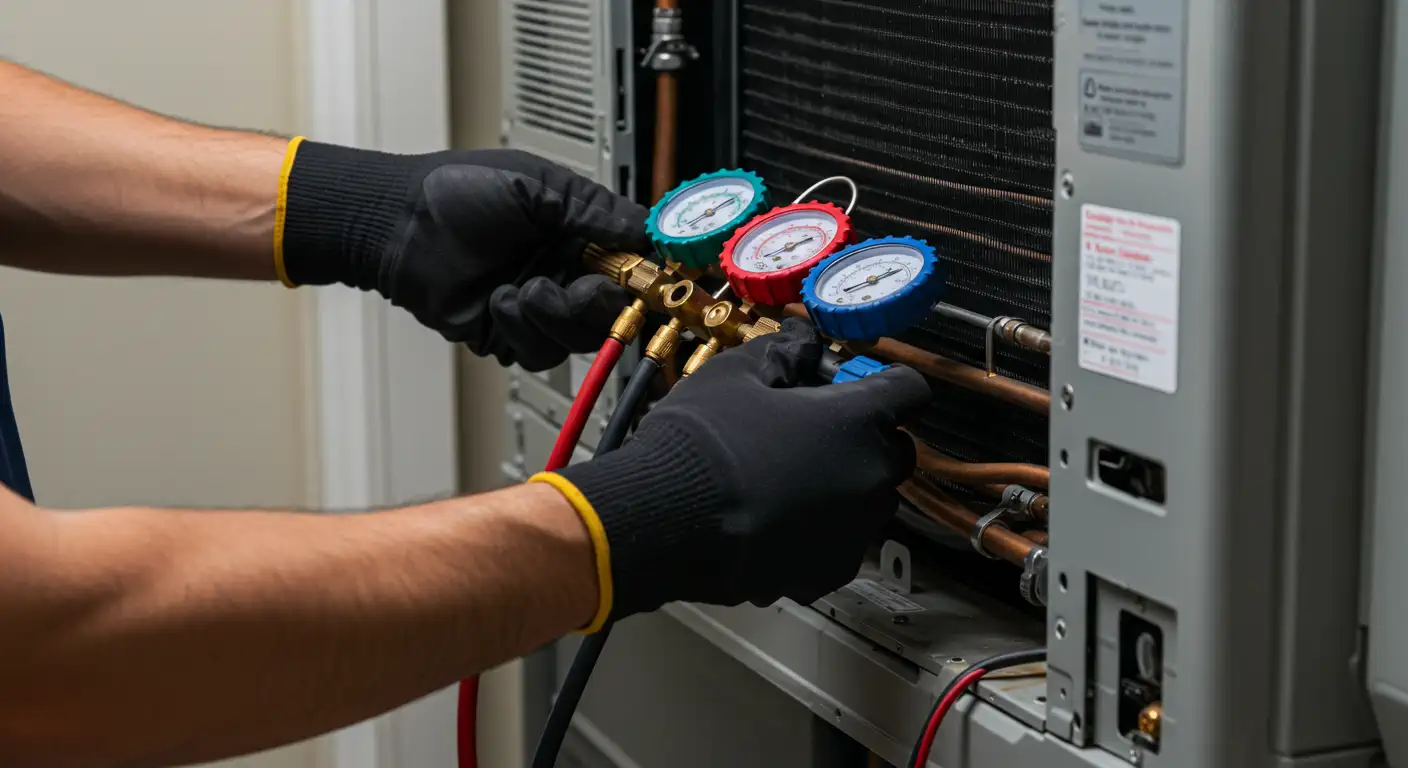 A technician, wearing black gloves with yellow cuffs, is using a set of manifold gauges with red, green, and blue dials to check an outdoor air conditioning unit. The gauges are connected via colored hoses to the copper piping and other internal components of the opened AC unit.