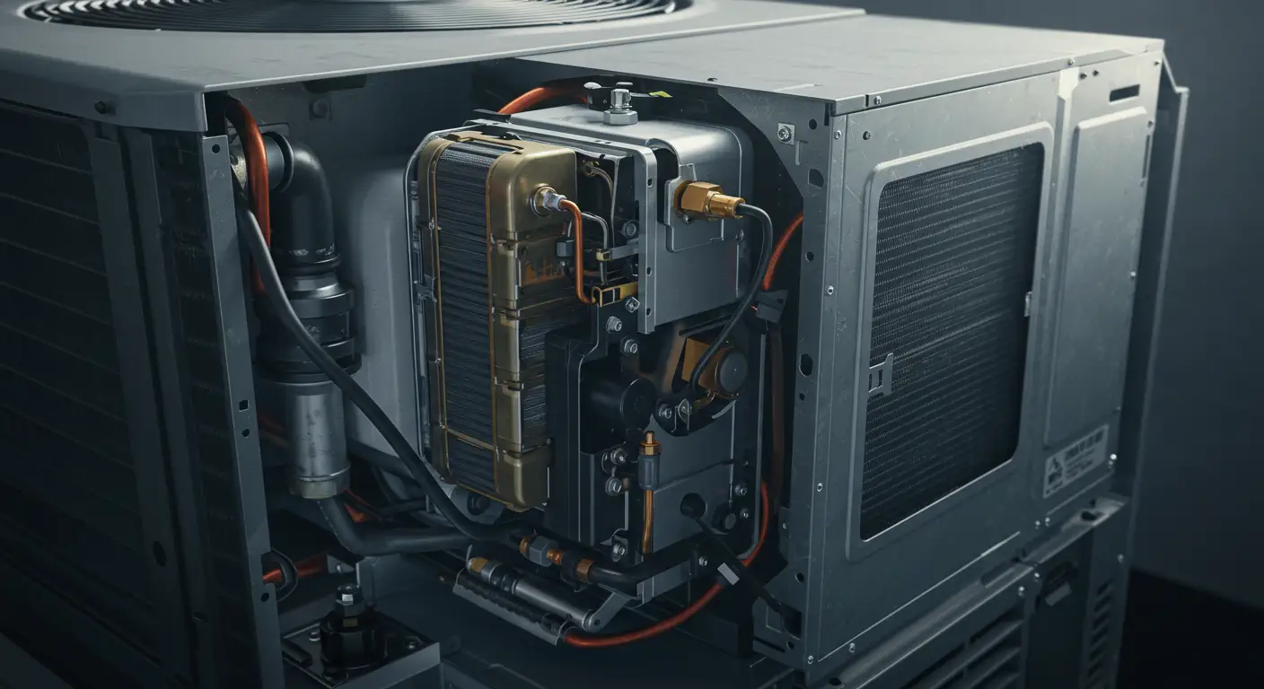 A close-up view of an opened air conditioning unit, showcasing its intricate internal components. Exposed elements include copper piping, heat exchange coils, electrical wiring, and various metal parts, indicating a detailed look at the machinery involved in AC maintenance or repair.